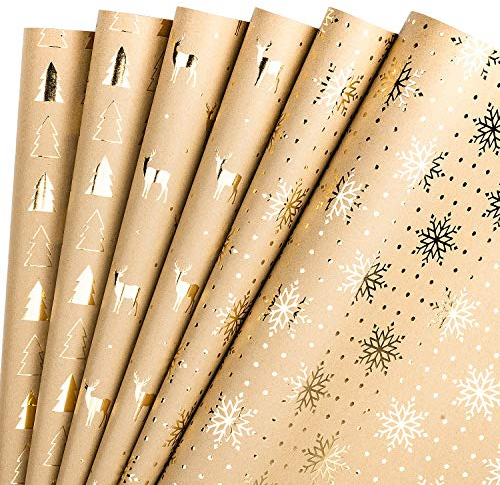 RUSPEPA Fogli Di Carta Da Regalo Carta Kraft - Lamina D'Oro Con Motivo Ad Albero Di Natale E Renne - 44,5 X 76 cm Ogni Foglio, Totale Di 6 Fogli Confezionati In 1 Rotolo
