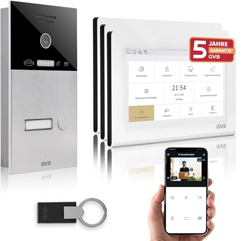 GVS IP Video Türsprechanlage mit Türöffner, RFID, 3X 7 Zoll Monitor & App | Smarte Video Türklingel mit Kamera und Monitor & App - Gegensprechanlage für 1 Familienhaus (AVS4455U)