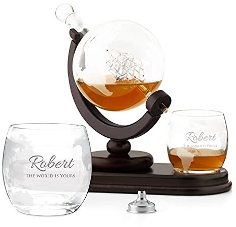 Maverton Globe Whiskey Decanter Set with 2 Glasses - Ship Inside – 850ml Carafe with 300ml Personalised Glasses - Present for Men - World