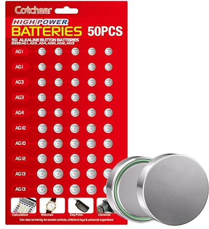 Cotchear Lot de 50 Piles alcalines Assorties 1,5 V AG1/LR621 AG3/LR41 AG4/LR626 AG10/LR1130 AG12/LR43 AG13/LR44 0 0% Mercure