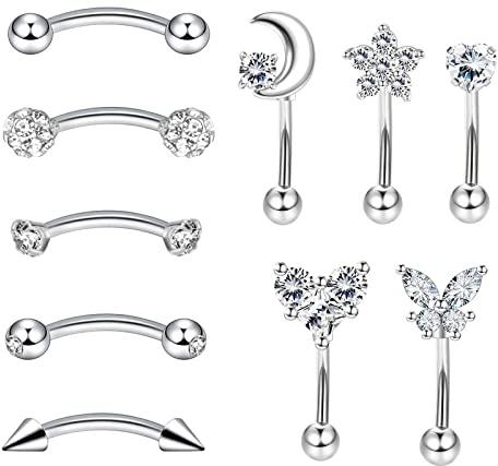 Longbeauty 16G Chirurgenstahl Bananabells Gebogen Barbell Piercing Zirkonia Lippen Augenbrauen Labret Septum Bauch Ring 8MM Stablänge