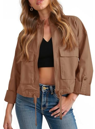 Tankaneo Women Casual Cropped Jackets Zip Up Lightweight Military Safari Short Utility Coat with Pockets
