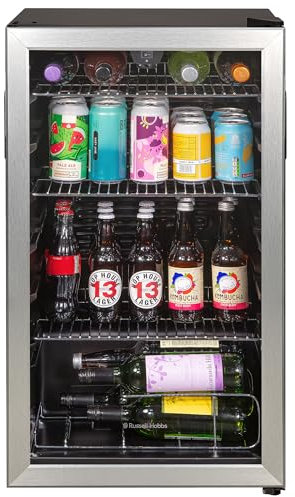 Russell Hobbs Undercounter Fridge 93 Litre/48 Can Undercounter Freestanding Beverage/Drinks Wine Fridge for Beer in Stainless Steel LED Light Drinks & Snacks Glass Door 2 Year Guarantee RH48BC101SS