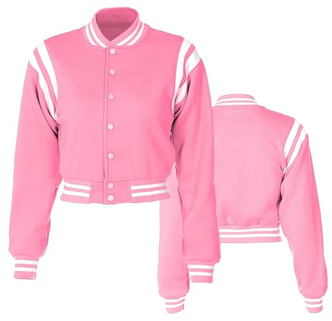 NICNZQI Women's Baseball Jacket Crop Coat Varsity Style Lightweight Sportswear School Uniform with Snap Button for Girls (Pink,Large)