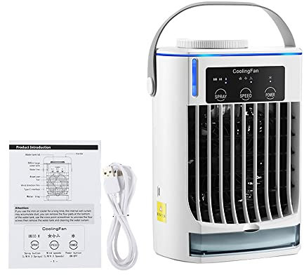 TOTMOX Mini aire acondicionado evaporativo de 500 ml con luz ambiental azul, aire acondicionado portátil de 5 V 7 W, enfriador de aire acondicionado personal de 3 velocidades con humidificador para