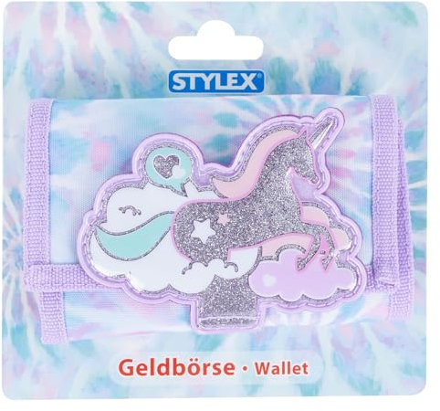 Stylex 47071 - Kinder-Geldbörse mit einem Design in Pastell, Blau-Lila und silbernem Einhorn-Patch, ca. 12,5 x 9 x 2,5 cm