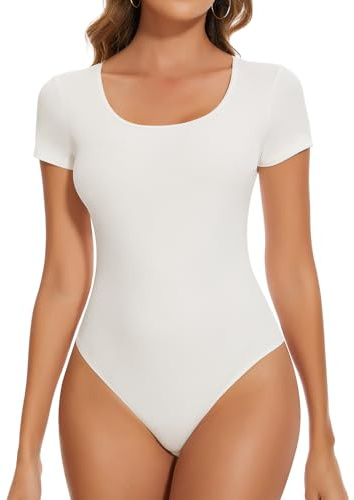 SHAPERIN Kurzarmbody Damen Rundhalsausschnitt Body Gerippte Tshirt Top Bodysuit Tanga Unterziehbody, Weiß, S