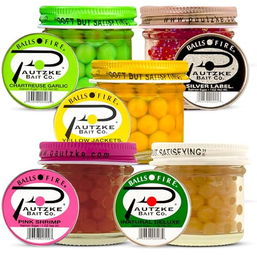 LURWIND PAUTZKE BALLS-O-FIRE 5er Pack Natürliche Lachseier Angelköder Forellenköder Fischeier zum Lachsangeln Gelbe Jacke Green Label Silver Label Natur Rosa Garnelen