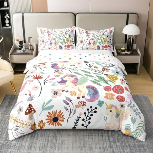Homewish Unicorn Coton Housse de Couette pour Les Filles,Cartoon Wonder Animaux Housse de Confort,Ensemble de Literie Arc - en - Ciel pour Enfants,Housse de Couette Végétale Le 220x240