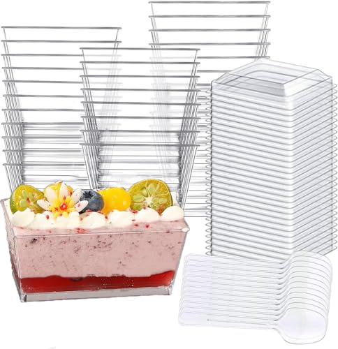 Cobenga 100 st Dessertmuggar med lock +100 st Individuella förpackningar Skedar, 140 ml rektangulära dessertkoppar, Mini Dessertkoppar Återanvändbar Klar plastserveringsskål för dessertpuddingfest