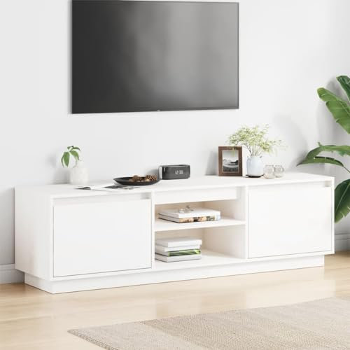 Homgoday Meuble TV blanc 140 x 35 x 40 cm en bois massif de pin, meuble TV salon, table basse pour TV de salon industriel, support TV