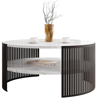 Mirjan24 Couchtisch Fahugin, runde Form (Bianco Marmor, Schwarz) | Kaffeetisch mit praktischem Ablageboden, Ø 75 cm, stabilem Metallgestell und pflegeleichter Tischplatte