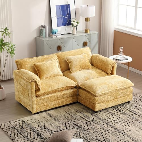 Wohnzimmersofa,Modernes Minimalistisches Zweisitzer-Sofa mit Fußstütze, Chenille-Stoff, Seitlichen Ablagefächern und Kissen, bequem und Geräumig, Geeignet für Wohnzimmer,Büro,195x115x81cm (Gelb)