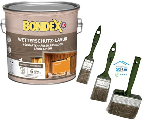 zbs24 Bondex Wetterschutz Lasur für alle Holzoberflächen, UV-Schutz und Wetterschutz bis zu 6 Jahre, wasserbasiert, tropfgehemmt, inkl. 3-teiligem Pinselset (mahagoni, 2,5 Liters)
