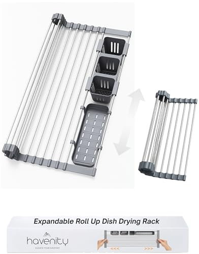 Havenity™ Expandable Roll Up Dish Drying Rack for Small Sinks - Expandable 12.8 to 22.8 Inch Over Sink Rack, Fits Apartments, RVs and Office Kitchens, Stainless Steel, 2 Baskets