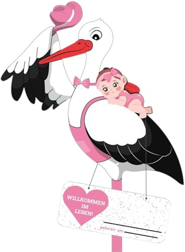 Klapperstorch Baby Rosa,Klapperstorch zur Geburt Draußen,Storch Geburt für Draussen Mädchen,Großer Storch aus Holz,Beidseitig bedruckt,Geburtsstorch inkl Holzstab+ Namensschild Grußkarte