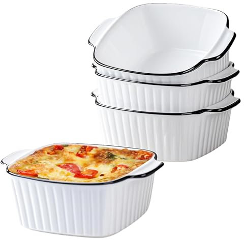 Keramik Auflaufform 4er Set, Quadratische Backformen, Kleine Backform für Fritteuse, Keramik Backformen mit Griffen, Backofen und Mikrowellen Sicher (Vertikale Streifen, 4 Sets 14,5 x 11,5 x 5,5 cm)