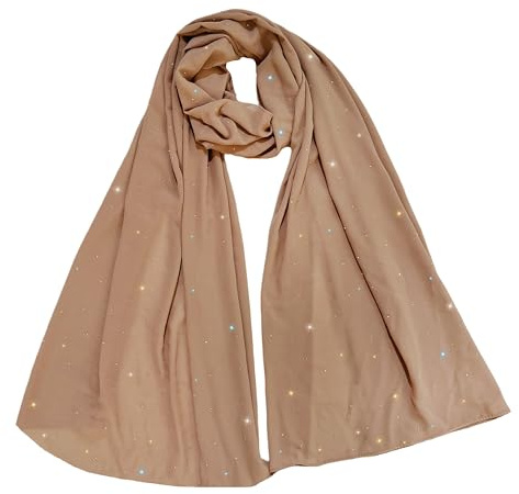 Lina & Lily Sparkle Strass Dam Chiffong Scarf Sjal Huvudsjal Hijab Ren Lätt, Camel, one size