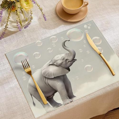 Platzsets 4er Set, Baumwollstoff Elefant Blase Verträumt Süß Platzsets Dekorative Tischsets Waschbar Platzdeckchen Küche Esszimmer Camping Party Deko 30x45cm