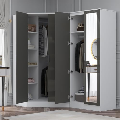 Reflect 2 Piece Wardrobe Bundle | 2 Door Corner + 2 Door Mirror | Grey Gloss & Matt White Finish | H: 180cm x W: 179cm x D: 103cm | Modern Bedroom Furniture Storage Solution