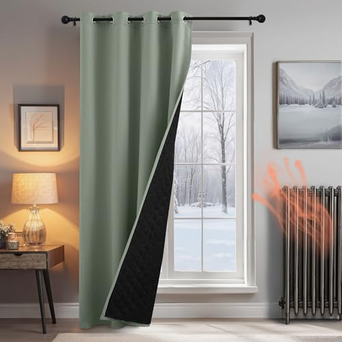 PONY DANCE Thermal Insulated Blackout Door Curtain, 2-Layers Cold Insulated 100% Blackout Curtain for Winter Heavy Duty, Windproof Thick Thermal Panel for French Door, 52x90 inches, Sage Green