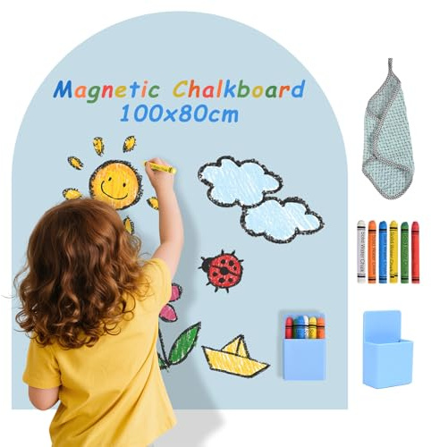 HIUYRFS Magnettafel Kinder Selbstklebend, Wandtafel in Bogenform mit Pastellfarben und Kreiden, Magnetwand für Mädchen und Jungen (Blau)
