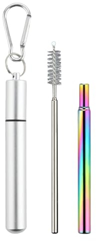 Pajitas reutilizables con estuche, juego de viaje, tubo plegable, pajitas portátiles ecológicas con cepillo de limpieza y mosquetón, diseño plegable para usar en