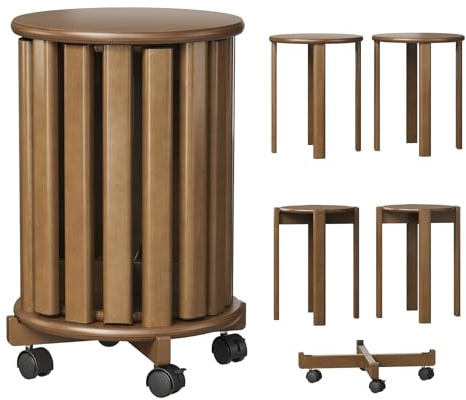 Welfuturer Sgabello impilabile in bambù con ruote, set 4-in-1, sgabello, tavolino e sedia, altezza 46 cm, per sala da pranzo, senza montaggio, per cucina, soggiorno, camera da letto, noce