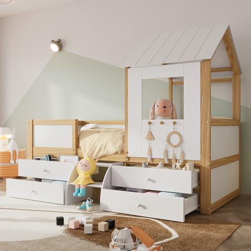 OOIILLEE Lit Cabane 90x200 avec 4 tiroirs et Petit escalier, Lit Enfant avec Toit et fenêtre, Lit mithauteur Cadre de lit en Pin et MDF Blanc Naturel (sans Matelas)