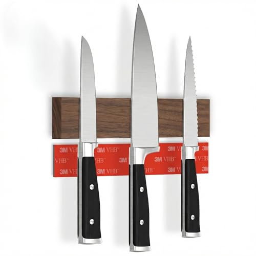 CUCINO Barre magnétique à couteaux autocollante – Vainqueur du comparatif avec aimant extra puissant – Montage facile avec bande adhésive 3M sans perçage, noyer 25 cm