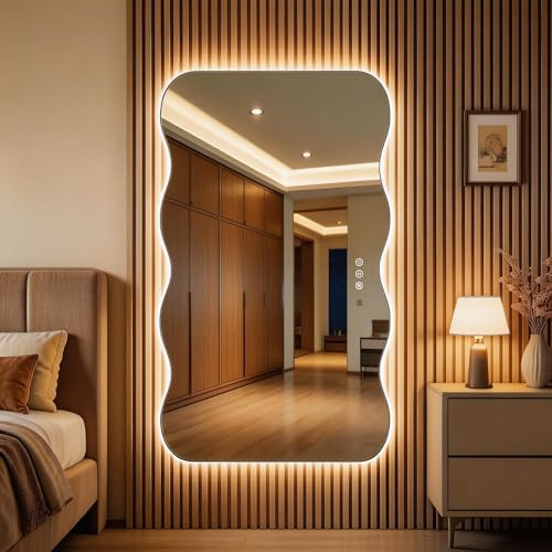 Hasipu LED Badezimmerspiegel 139x91 cm, Wellen Badspiegel mit Anti-Beschlag, Wandspiegel mit Beleuchtung, 3 Lichtfarben Dimmbar, Touch-Steuerung, Ganzkörperspiegel für Badezimmer, Wohnzimmer