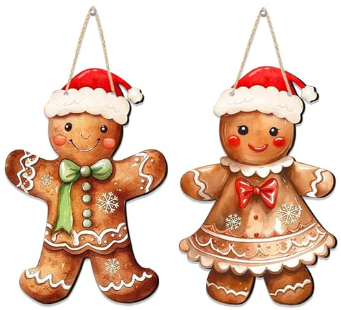 Weihnachtsdeko Haustür Lebkuchenmann, 30 x 20 cm Türdeko Weihnachten Lebkuchenmännchen Türhänger, Niedliche Weihnachten Holz Hängende Außenbereich Süße Weihnachtsdeko Outdoor Haustür Türdeko