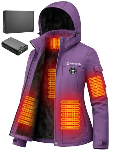 Brimekey Veste Chauffante Femme avec Doublé Polaire, Batterie 20000mAh, Manteau Chauffant Électrique 6 Zones de Chaleur - Imperméable, Coupe-Vent et Lavable pour Ski, Randonnée, Travail en Extérieur