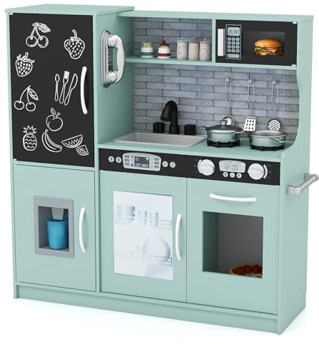 GOPLUS Kinderküche aus Holz, Kinderspielküche mit Mikrowellen, Backofen, Wasserbecken, Kreidetafel & Eismaschine, Stabiler Spielküche mit Spielzubehör, für Kinder 3-6 Jahre (Grün)