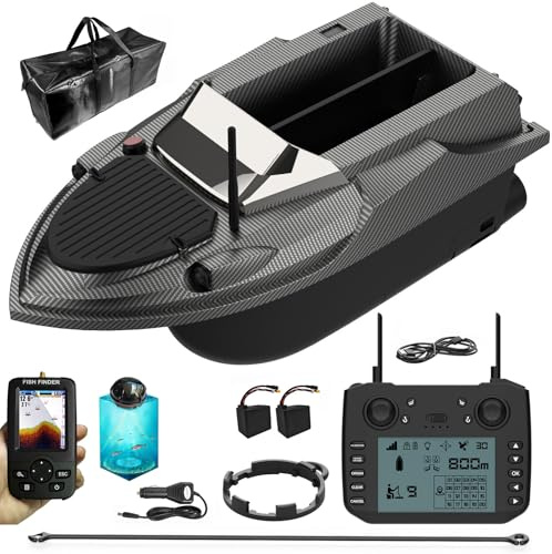 factildfulzhan Barco Cebador Pesca RC con GPS y Sonda, Barco Cebador Carpfishing, Barco Teledirigido Carpfishing, 180 Puntos GPS, Alcance 800 m, Cebo 3 kg, Casco ABS, Luces LED