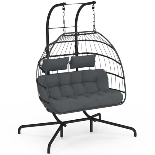 IDMarket – Sillón de huevo colgante calado de 2 plazas, efecto ratán gris con cojín gris
