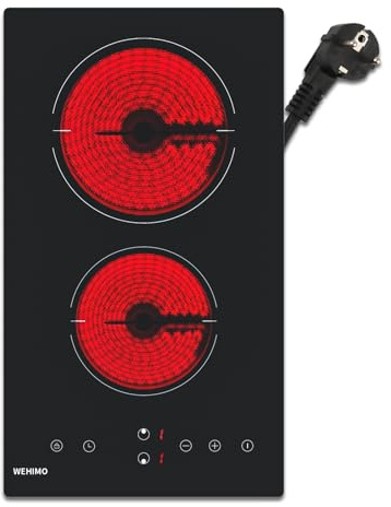 WEHIMO Plaque de Cuisson Vitrocéramique 2 Zones 3000W, 9 Niveaux de Chauffe, Commande Tactile, Minuterie 1–99 Min, Sécurité Enfant, Indicateur de Chaleur Résiduelle