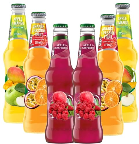 Variety Flavour Soft Drink Glass Bottles 275ml – Apple & Mango, Orange & Passion Fruit & Raspberry with Sugar & Sweetener - jo (6 x Bottle, Random Mixed Drink 275ml)