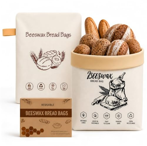 Beeswax Bread Bags, Reusable Bread Bags to Keep Bread Fresh for Homemade Bread, Bread Storage Bag with L-Shaped Zipper & Handle, Cotton Bread Bag for Sourdough, Bakery, Freezer & Fridge, 2 Pack