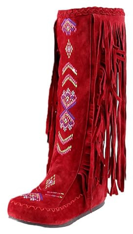 Générique Bottes Hautes Femme Genou Talon épais ornées Franges brodées Fausses Tendance Hiver Chaussures élégantes Confortables Mode décontractée
