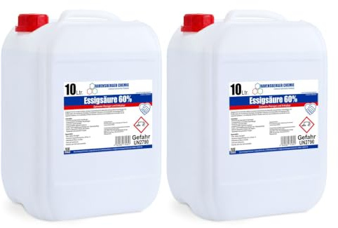 Ravensberger Chemie Essigsäure 60% 20L – konzentrierter technischer Reiniger & Profi Entkalker für säurebeständige Bauteile, Behälter, Leitungen und Anlagen - Rostentferner - 2x 10 Liter Kanister