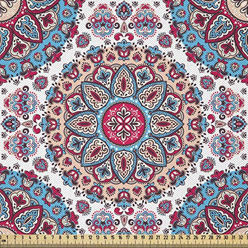 ABAKUHAUS Ethnisch Stoff als Meterware, Orientalische Art Floral Retro, Seidiger Satin Stoff für Polster Heimtextilien, 1M (148x100cm), Türkis Hellrosa und Pink