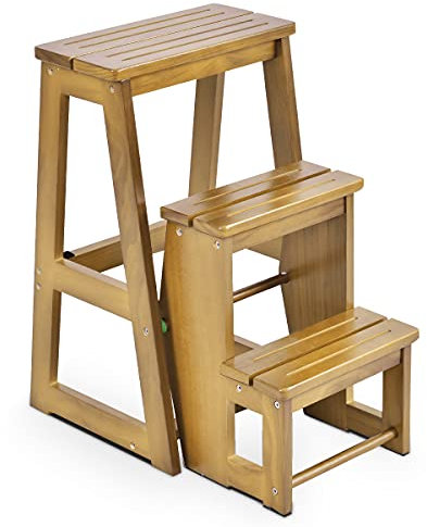GOPLUS Sgabello Scala Pieghevole, Scaletta a 3 Gradini, in Legno, Multiuso e Pratico, Portata di 150 kg, 57x38,5x66 cm, Marrone/Naturale