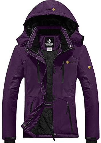 GEMYSE Damen Wasserdichte Skijacke Winddichte Fleece Outdoor Winterjacke Regenjacke mit Kapuze (Dunkelviolett,M)