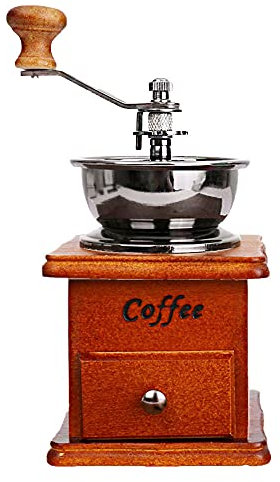 ANCLLO Molinillo de café manual, molinillo de café, molinillo de granos de café, molinillo de mano de madera antigua vintage con ajuste de engranaje ajustable y rebaba cónica de cerámica