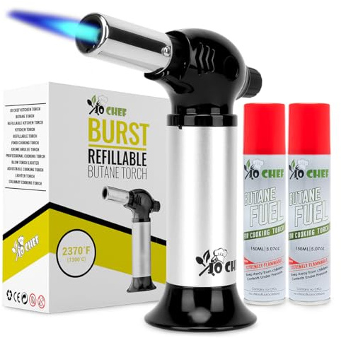 Jo Chef Burst Culinary Torch – 2,370°F Butane Torch, Refillable Adjustable Flame Lighter with Safety Lock for BBQ, Baking, Brulee Creme, DIY, Crafts and Soldering – 2 Butane Cans Included