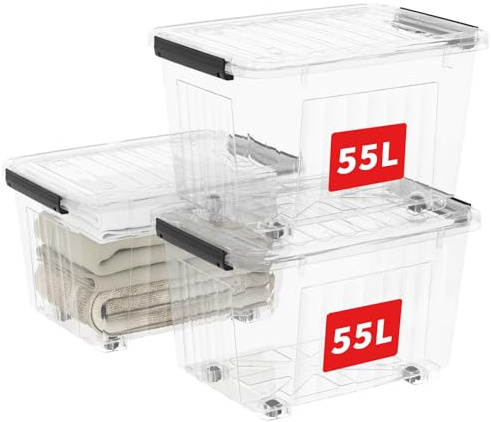 Cetomo 55L*3 Aufbewahrungsboxen, Rillen-verstärkte Kunststoffboxen mit Rollen & Deckeln, Stapelbare Aufbewahrungskiste, Ordnungsboxen für Zuhause und Büro, PP, Transparent, 55L (3er Pack)