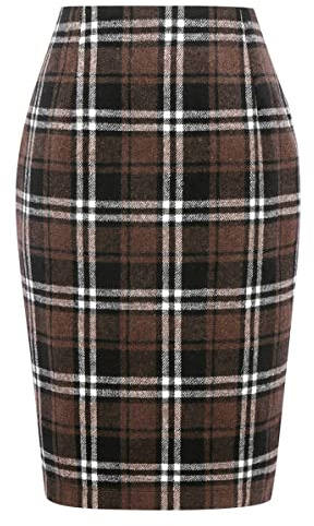 IDEALSANXUN Karierte Röcke für Damen, Herbst, Winter, Knielang, Bleistiftrock aus Wolle mit Schlitz, Kaffee, Mittel