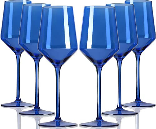 comfit Juego de 6 copas de vino de color azul, copas de vino coloridas de cristal con tallo largo y borde fino, copa multicolor, copas de vino de color perfecto para los amantes del vino en cumpleaños