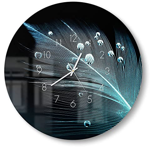 DEQORI Glasuhr | rund Ø 50 cm | Motiv Feder mit Wasserperlen | große XXL Design Uhr aus Glas | leise Wanduhr für Wohnzimmer & Küche | Moderne Hingucker Uhr für die Wand